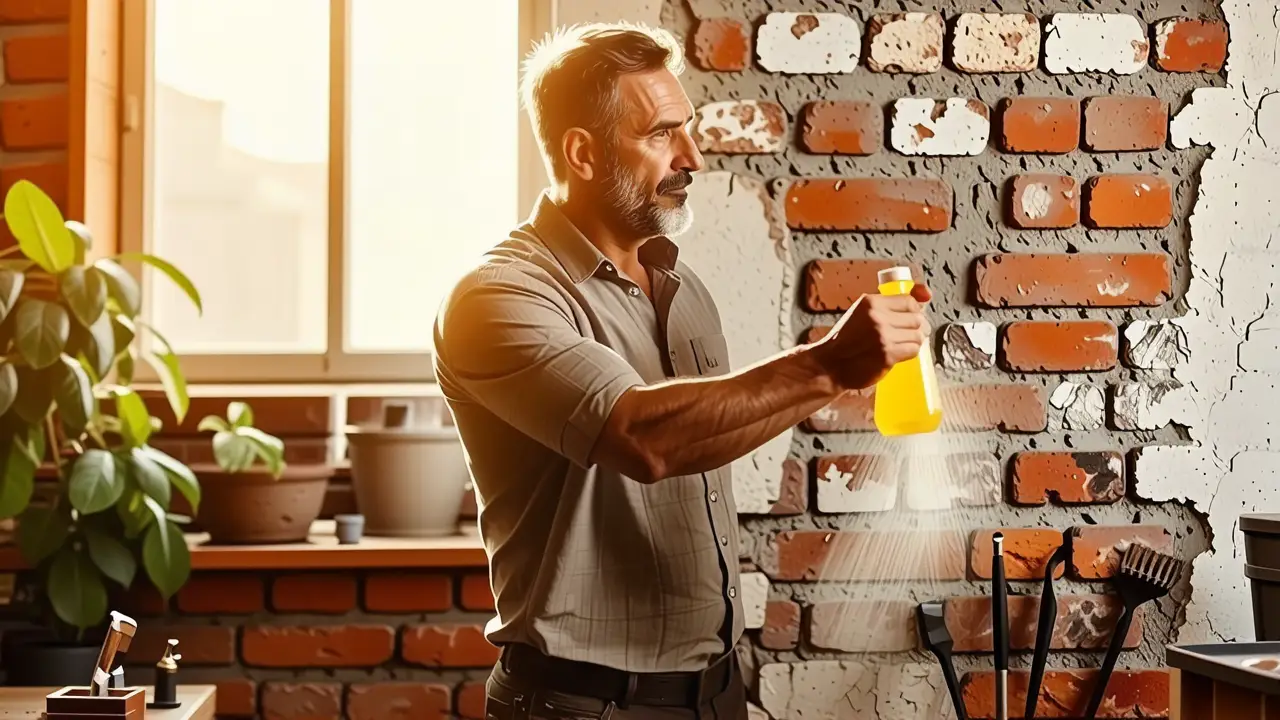 Un hombre limpiando muro con luz cálida