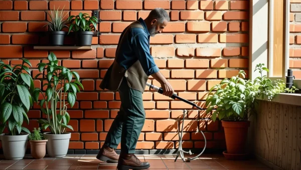 Un hombre limpiando una pared con luz cálida