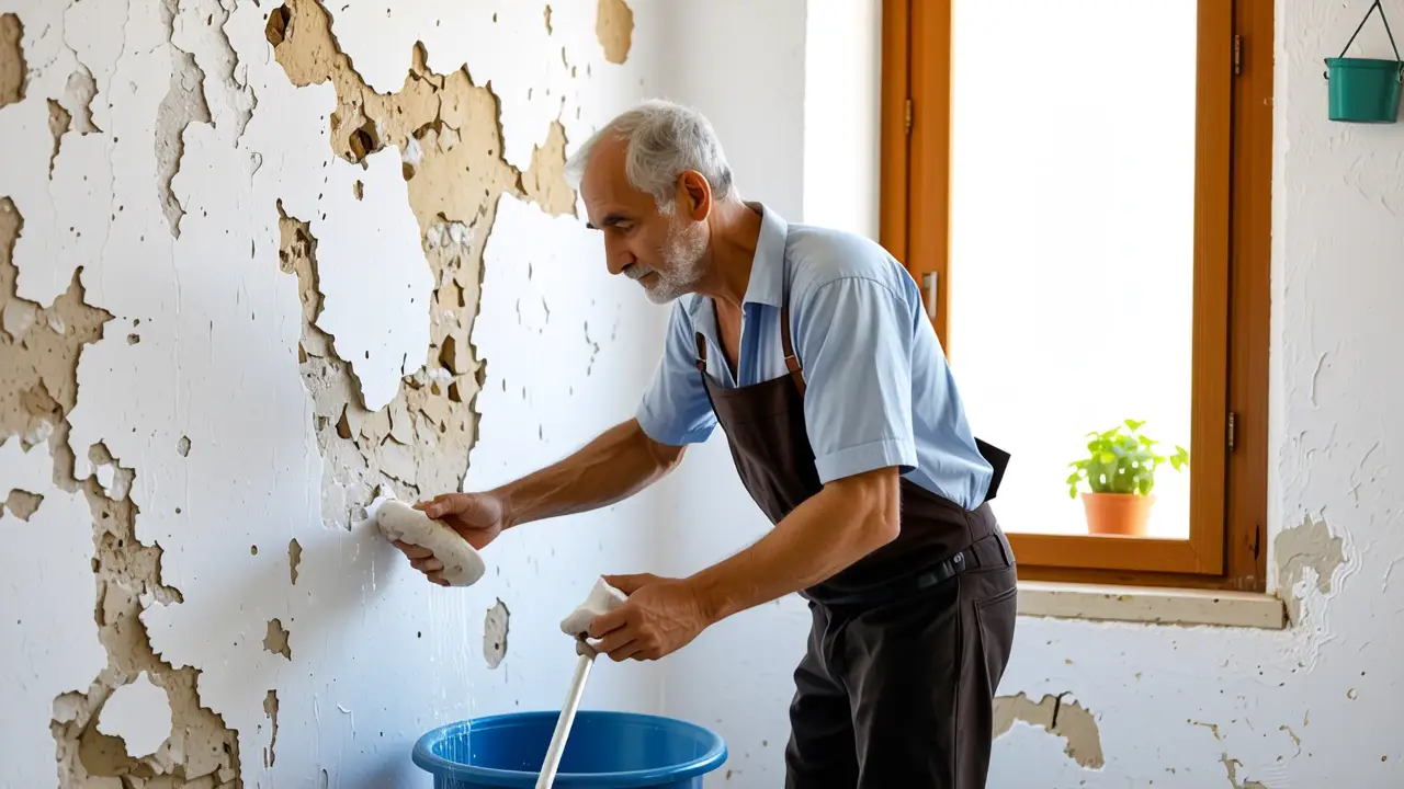 Como limpiar las paredes de casa: guía fácil y efectiva 2 Un hombre español limpia una pared texturizada con luz cálida