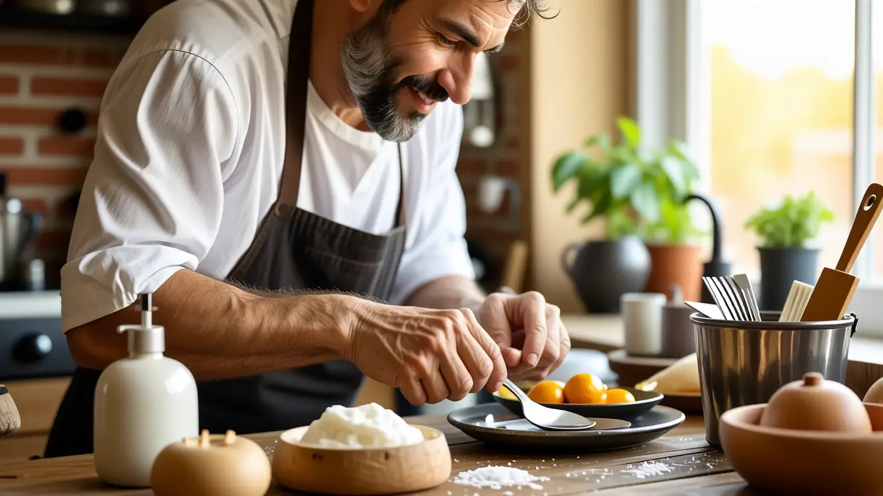 Un hombre puliendo plata en una cocina cálida