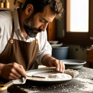 Limpiar metal plateado: guía completa y trucos caseros 9 Un hombre español puliendo un plato antiguo