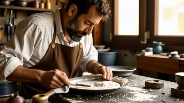 Un hombre español puliendo un plato antiguo