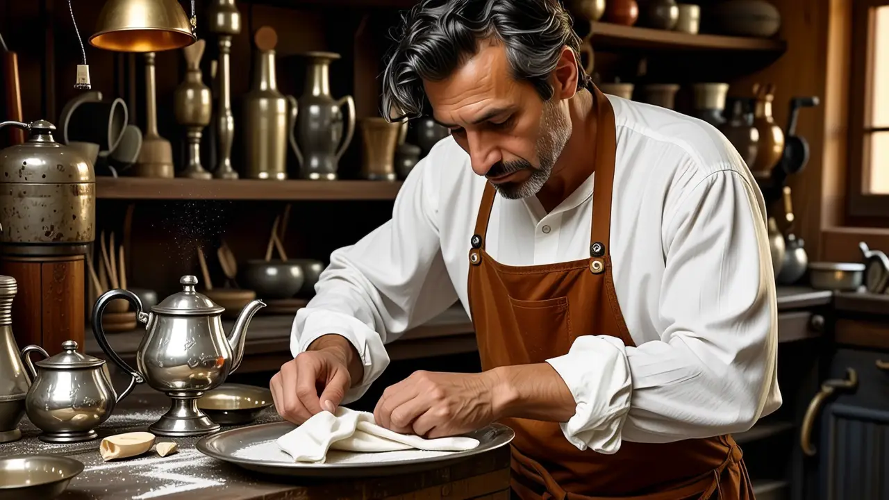 Un hombre español limpia cautelosamente una tetera antigua