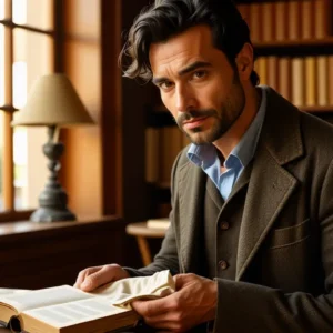 Un hombre español realista limpia un libro antiguo