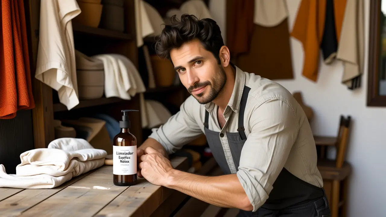 Un hombre pensativo examina un limpiador en un taller cálido