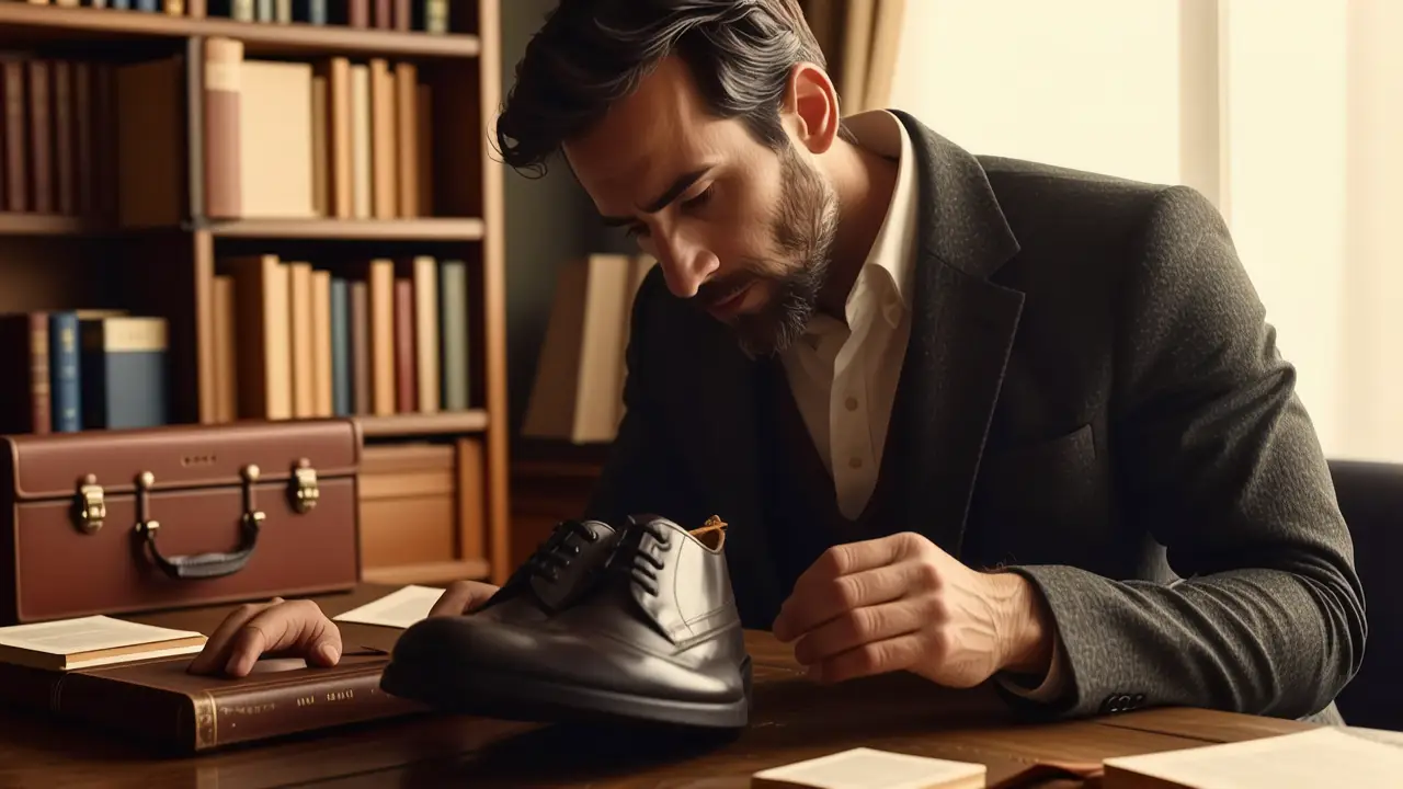 Un hombre contempla zapatos antiguos en estudio cálido