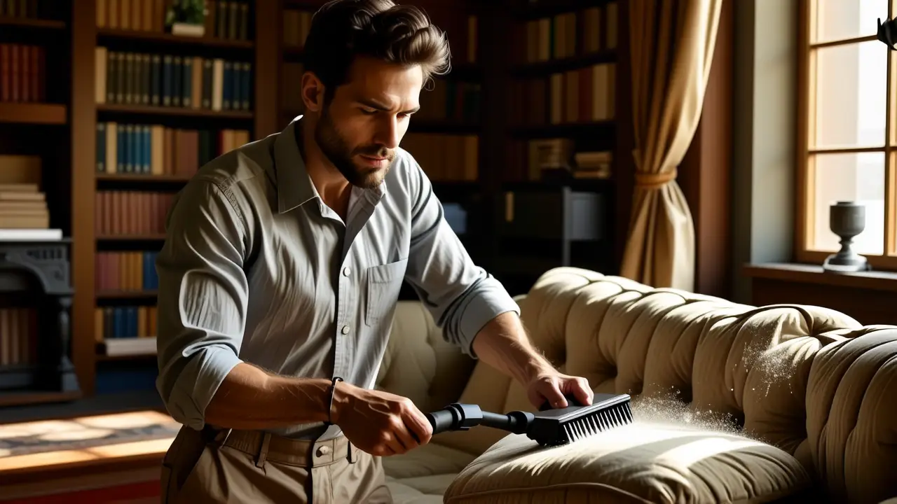 Un hombre limpio, en estudio acogedor, fotografía realista