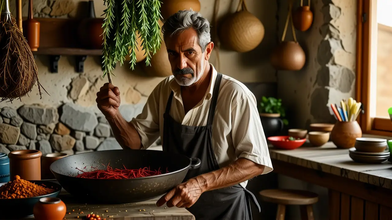 Un hombre español examina su paella con calma