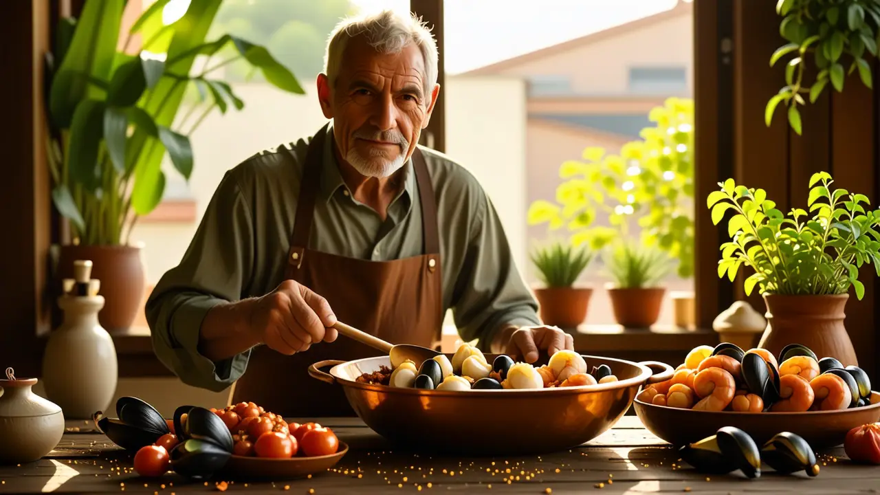 Un español realista sostiene paella con calidez y tradición