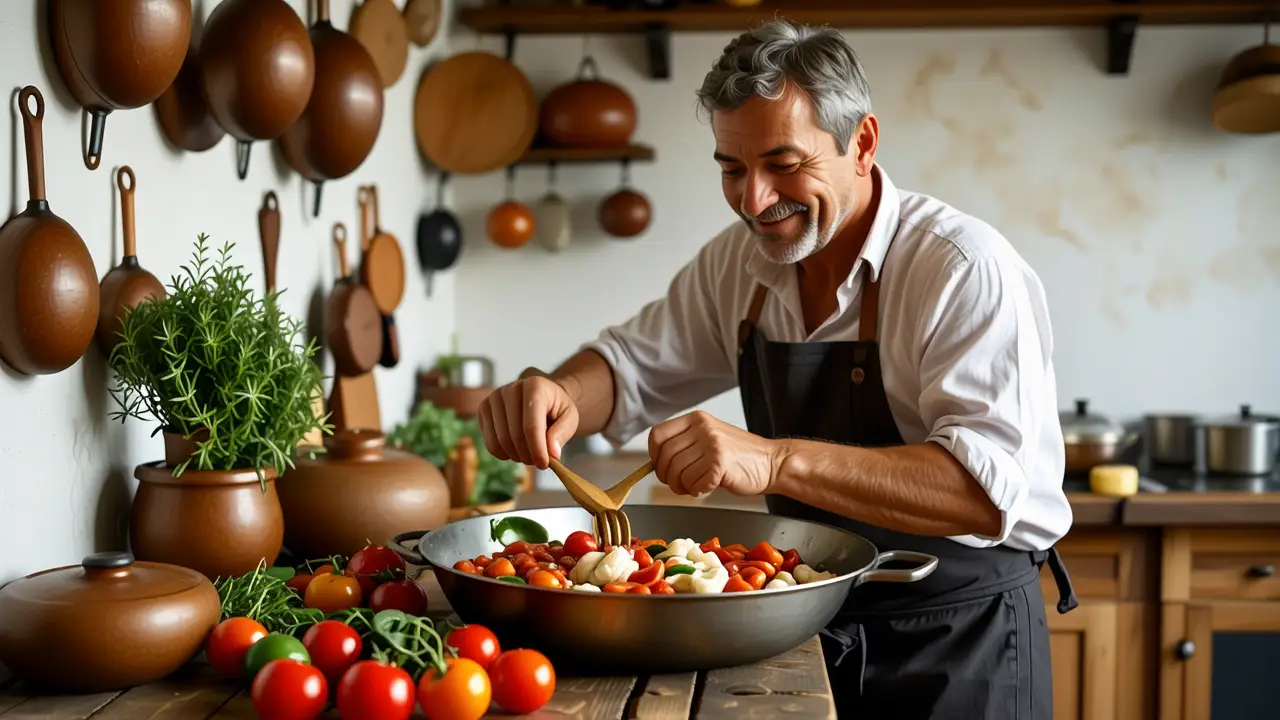 Un hombre español cocina paella con calidez y nostalgia