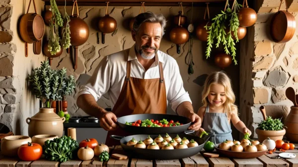 Un hombre español sonríe en una cocina rústica