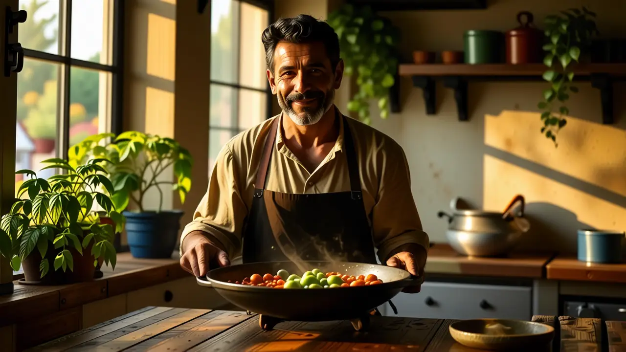 Un hombre español realista sonríe en cocina rústica