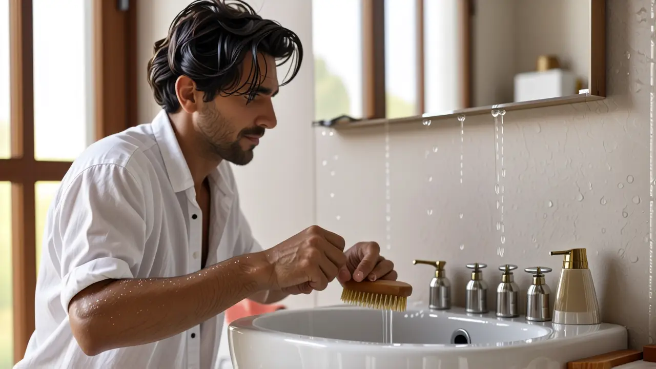 Como limpiar cepillos pelo: guía completa | Limpiar peines 3 Un hombre pensativo limpia un cepillo en baño