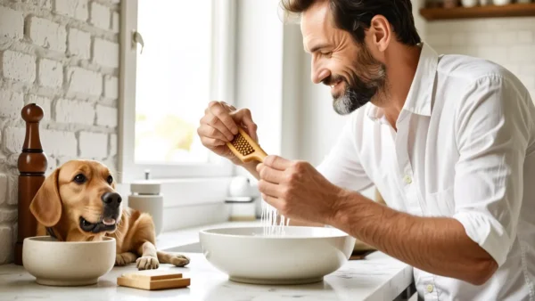 Un hombre español limpia un perro con cuidado
