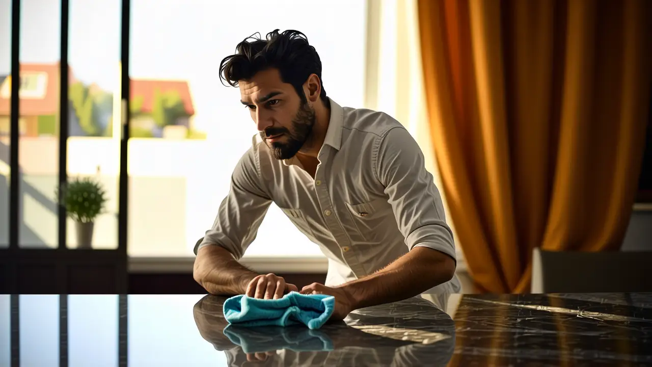 Un hombre reflexivo limpia una encimera de granito