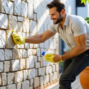 Limpiar piedra granito exterior: Guía completa 11 Un hombre español limpia una pared de piedra