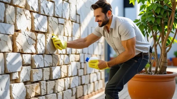 Un hombre español limpia una pared de piedra