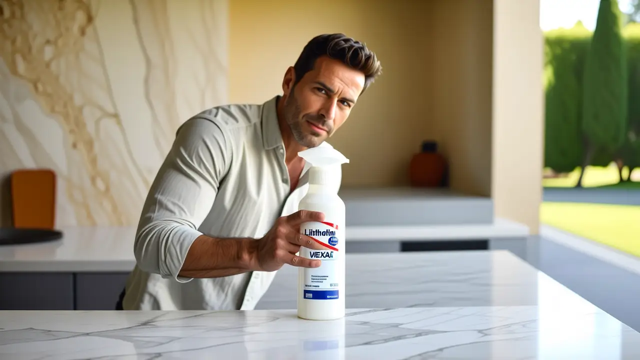 Un hombre profesional limpia mármol con luz cálida