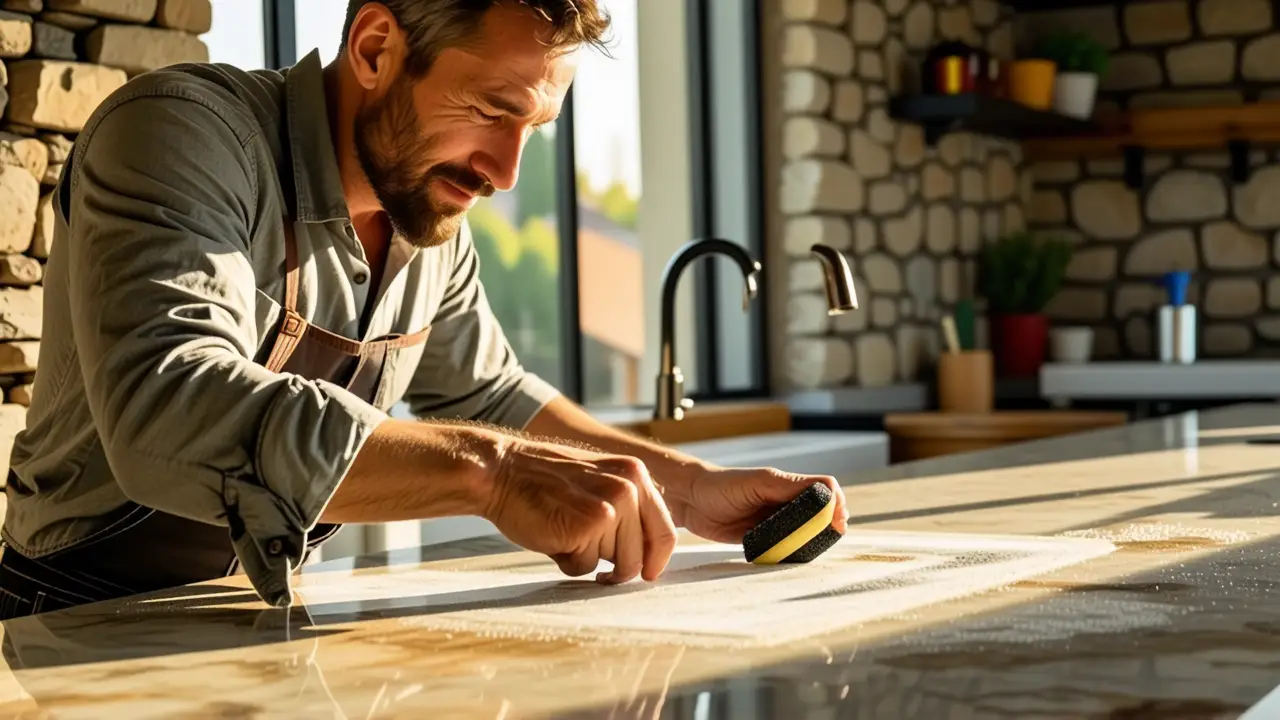 Un hombre puliendo piedra en luz cálida
