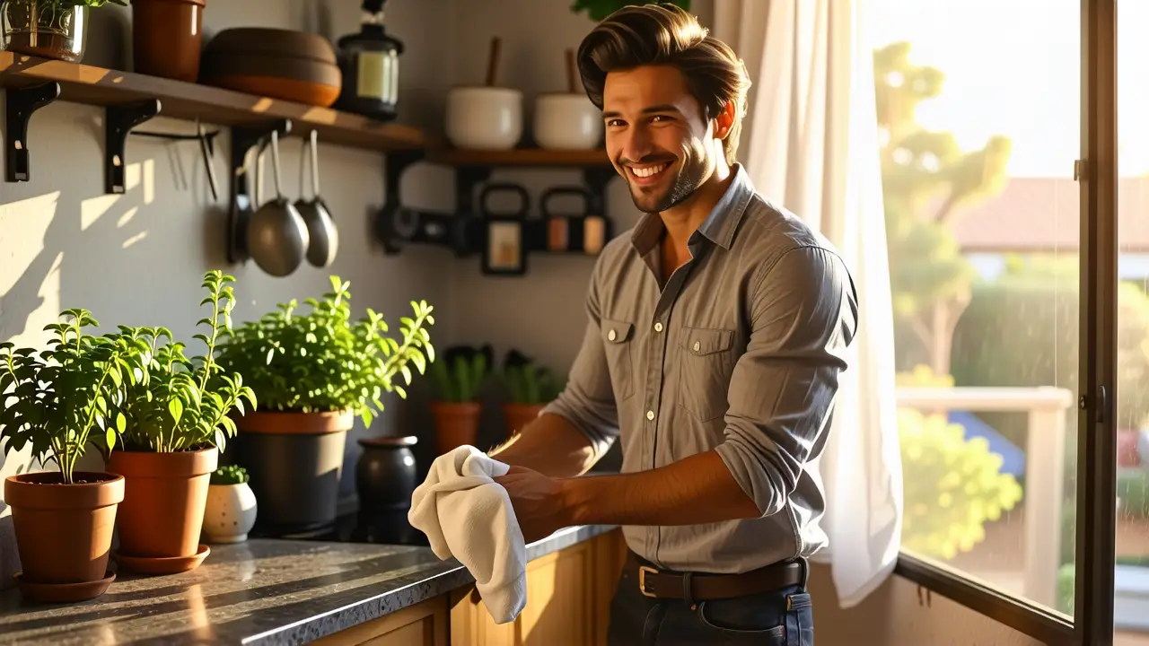 Un hombre sonriente limpia con una toalla