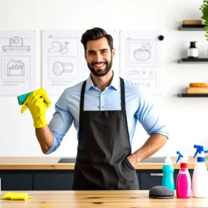 Un hombre sonriente limpia un tablero con profesionalidad