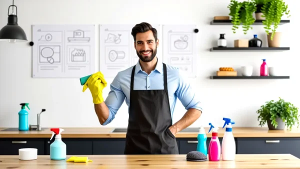 Un hombre sonriente limpia un tablero con profesionalidad