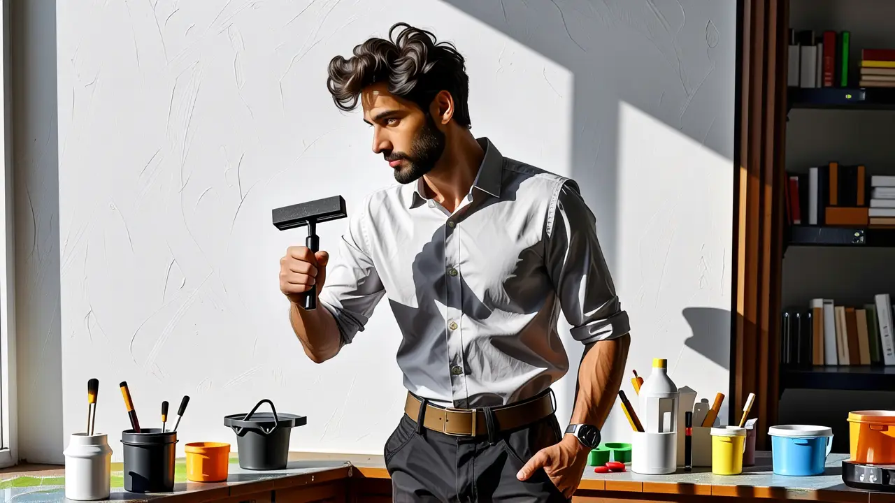 Un hombre pensativo dibuja en un taller cálido