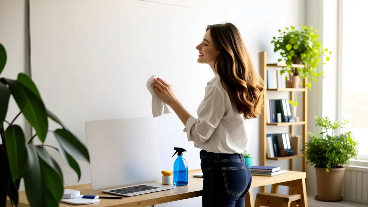 Una mujer limpia con cuidado en casa