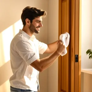 Un hombre blanco limpia con luz cálida