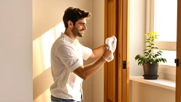 Un hombre blanco limpia con luz cálida