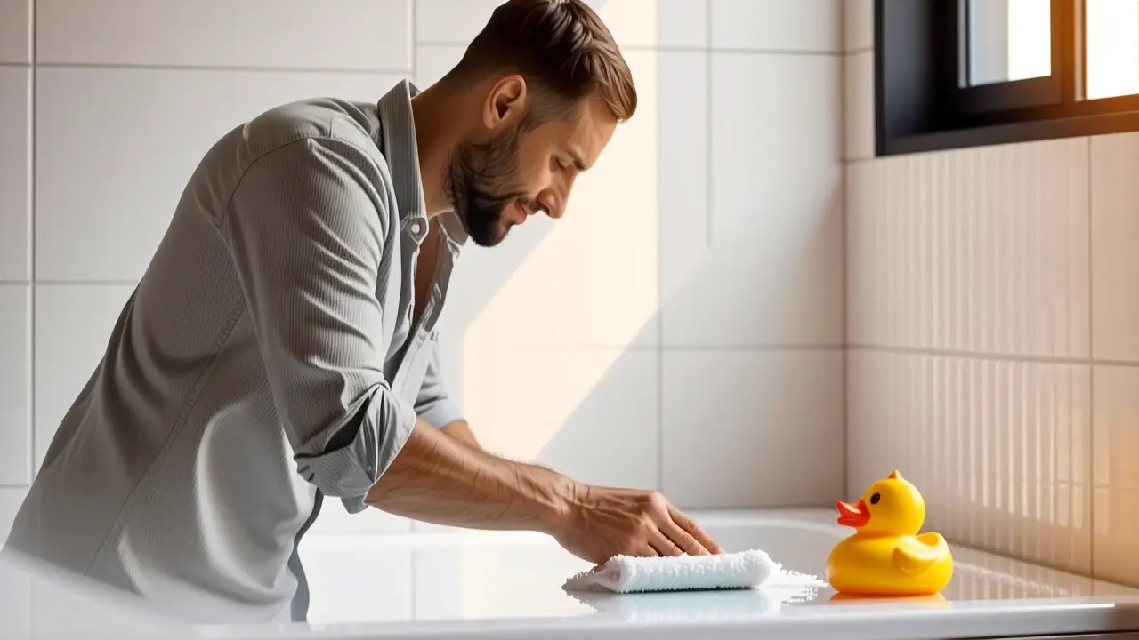 Un hombre blanco limpia el baño con calma