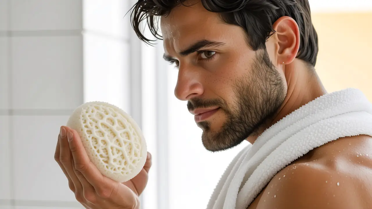Un hombre contempla una esponja en baño cálido