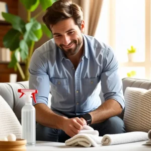 Como limpiar tapicería sofa 11 Un hombre español limpia con cuidado en casa