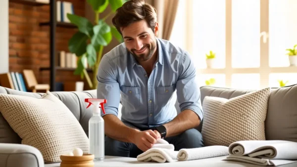Un hombre español limpia con cuidado en casa