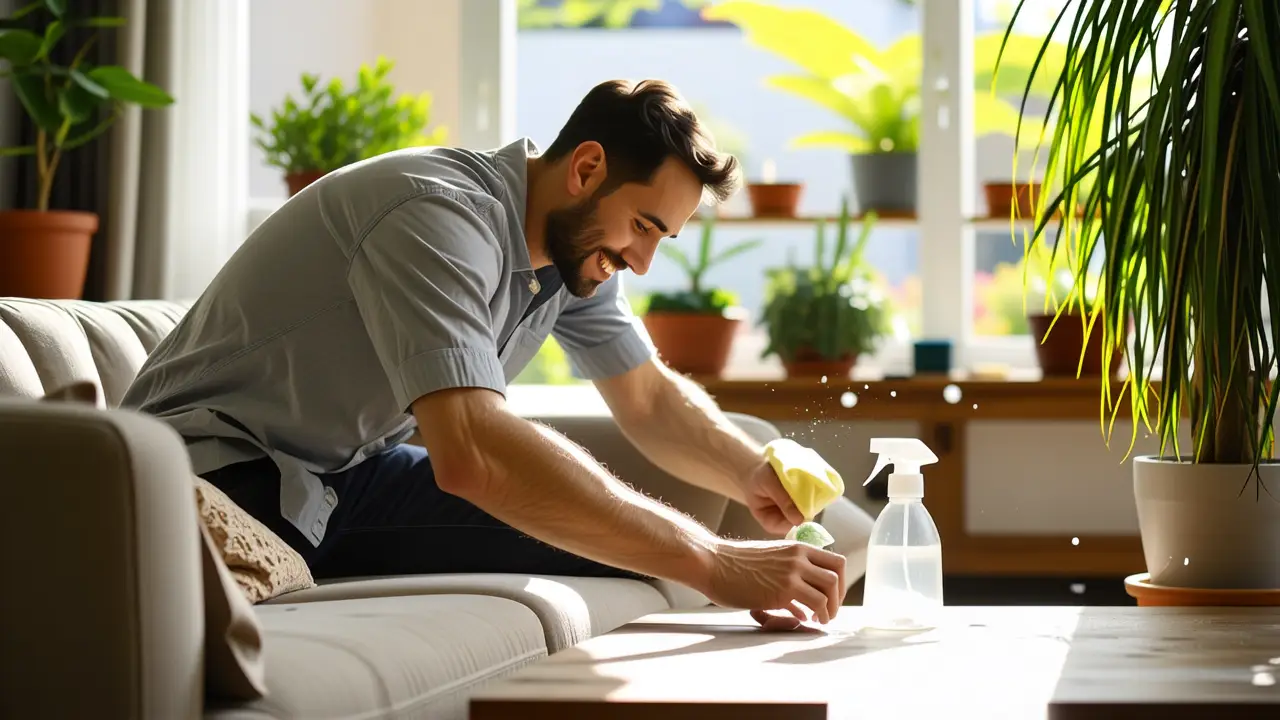 Un hombre sonríe limpiando un sofá cálido