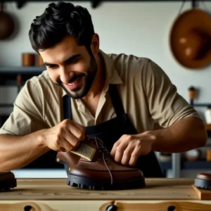 Un hombre español sonríe mientras limpia zapatos