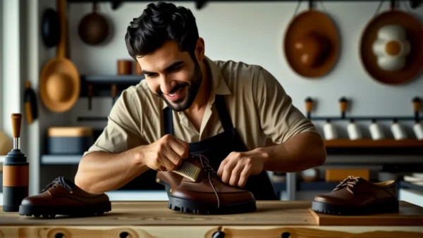 Un hombre español sonríe mientras limpia zapatos