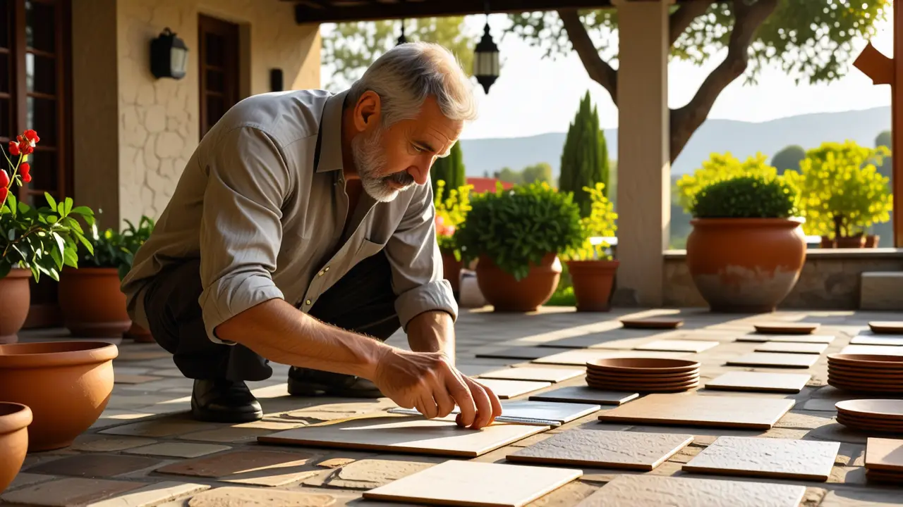 Un hombre español examina cuidadosamente azulejos mediterráneos