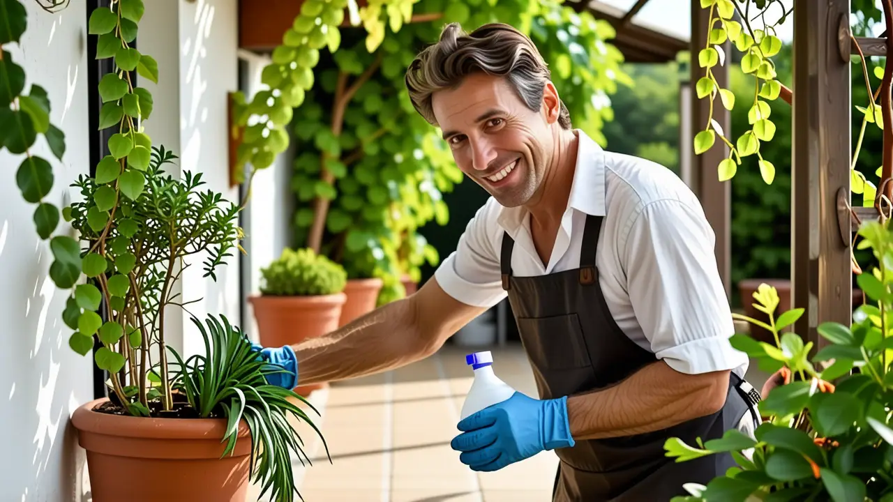 Un hombre limpiando terraza transmite tranquilidad y limpieza