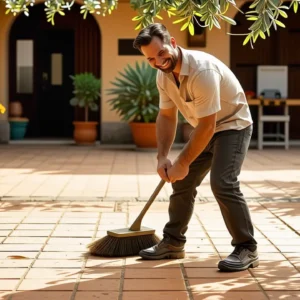 Como limpiar baldosas terraza: guía completa exterior 13 Un hombre limpia patio con luz cálida