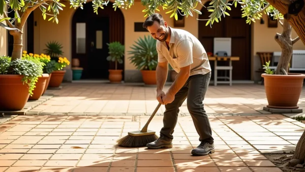Un hombre limpia patio con luz cálida