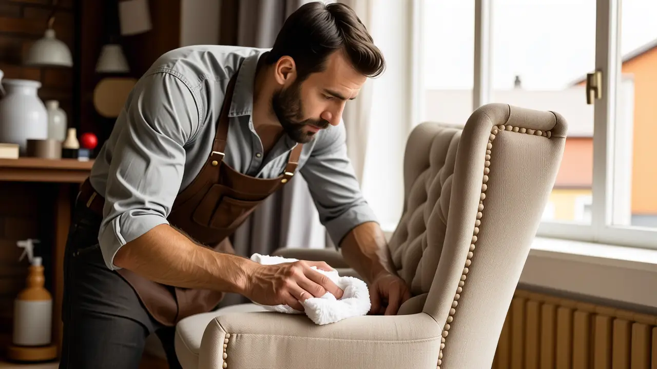Limpieza Tapizado Sillas: Guías Profesionales 2 Un hombre limpia cuidadosamente una silla antigua