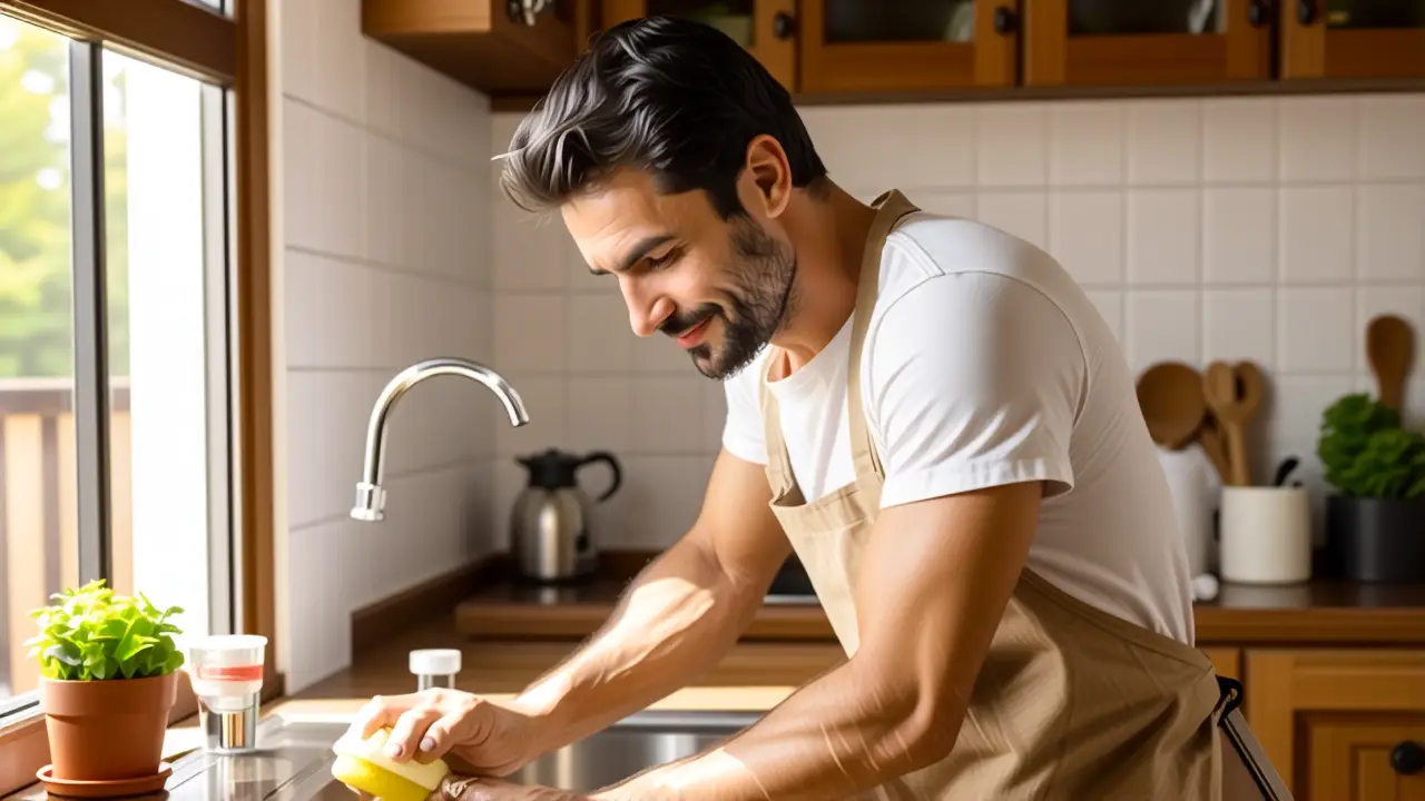 Un hombre limpia la cocina con luz cálida