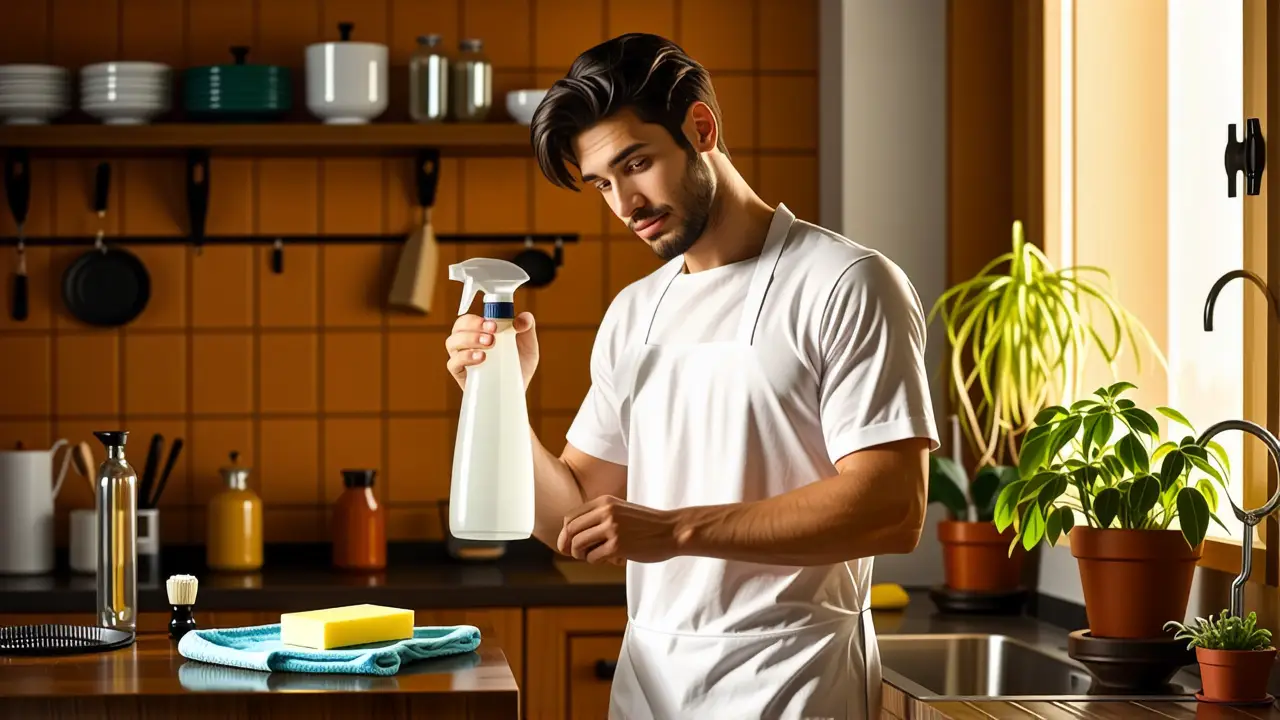 Un hombre realista limpia una cocina soleada
