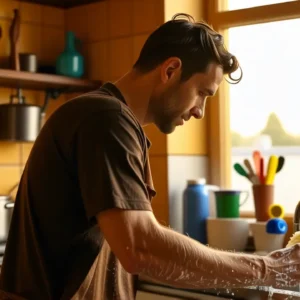 Limpiar una cocina: Productos para limpiar la cocina 9 Un hombre limpia con expresión concentrada en cocina