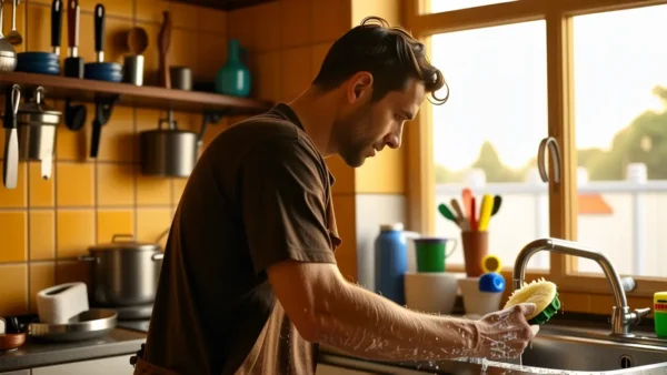 Un hombre limpia con expresión concentrada en cocina