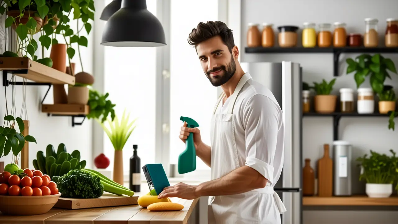 Un hombre contempla su cocina impecable