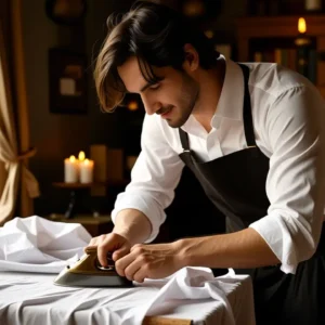 Un hombre pensativo alisa una camisa en casa