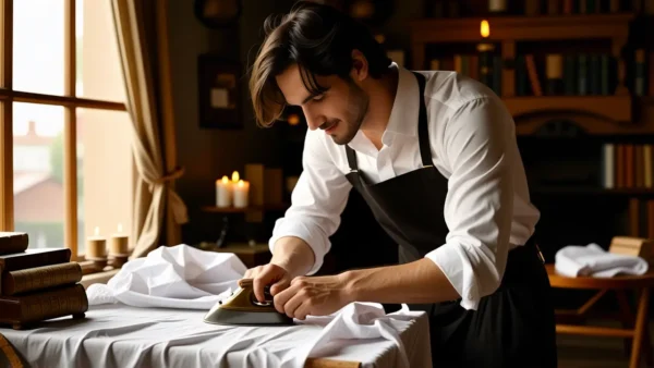 Un hombre pensativo alisa una camisa en casa