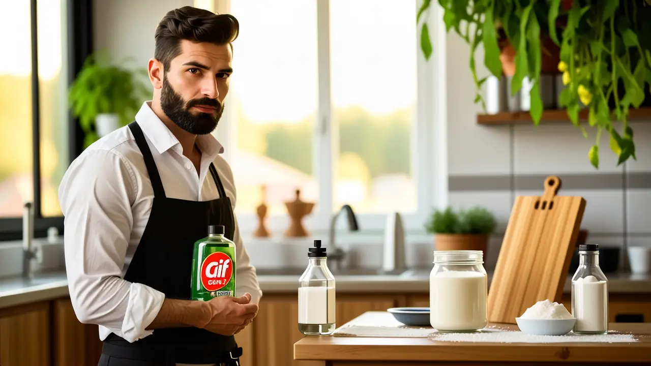 Un hombre pensativo examina productos en cocina